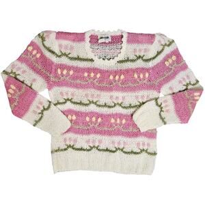 Vintage Hewlett Floral Acrylic Sweater Pink White Striped Loose Knit Womens L